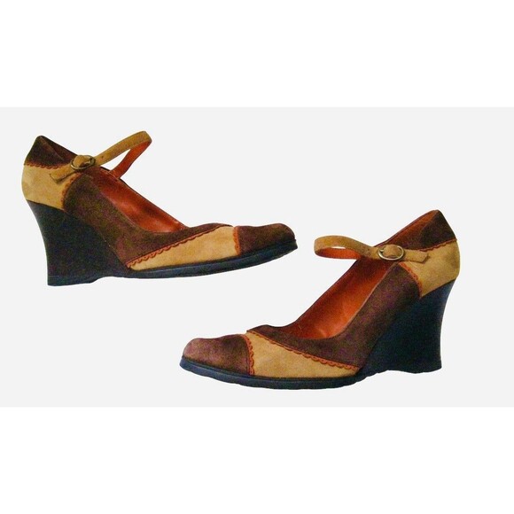 Kenneth Cole Mary Jane Wedge Brown Gold Orange Suede 9 Dark Academia Preppy Y2K - Picture 1 of 8